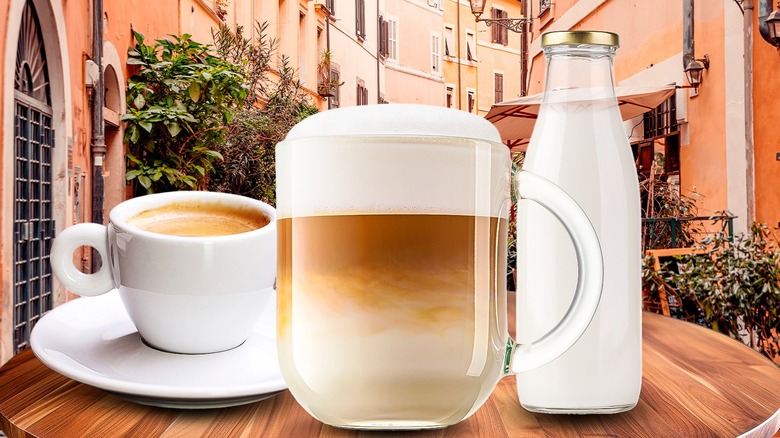 Italian lattes and glass milk bottle against an Italian street backdrop