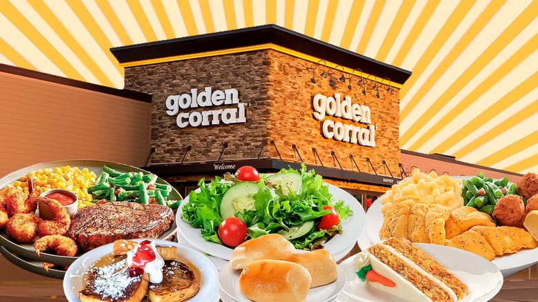 Golden Corral exterior with plates of food