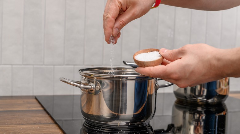 Person sprinkling salt from a small container of salt into a pot on stove