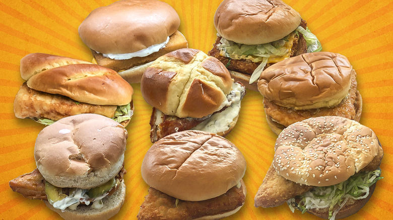 Fried fish sandwiches floating on an orange background