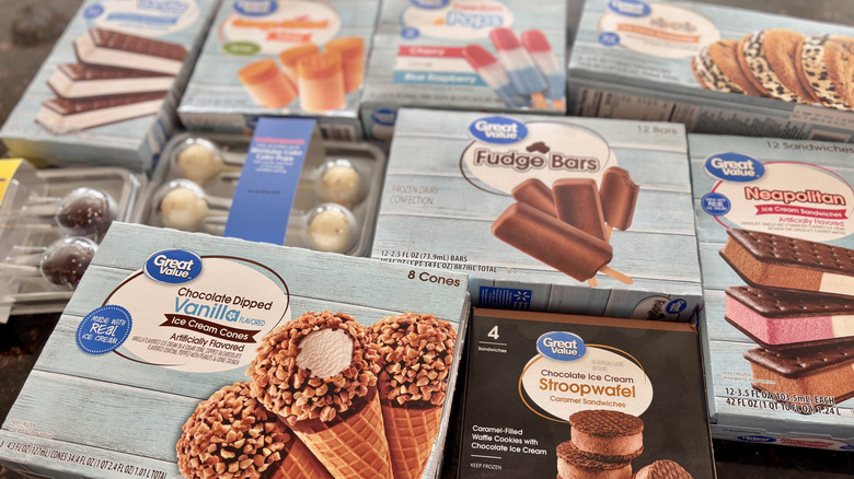 Various boxes of Walmart brand frozen desserts