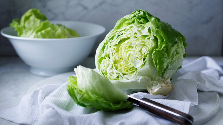 Chopping an iceberg lettuce