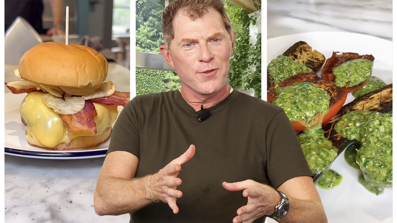 Chef Bobby Flay overlayed on photos of his dishes