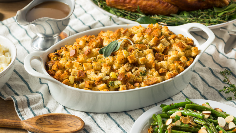 Dish of homemade stuffing on table