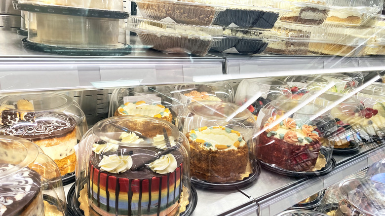 Cakes in bakery display