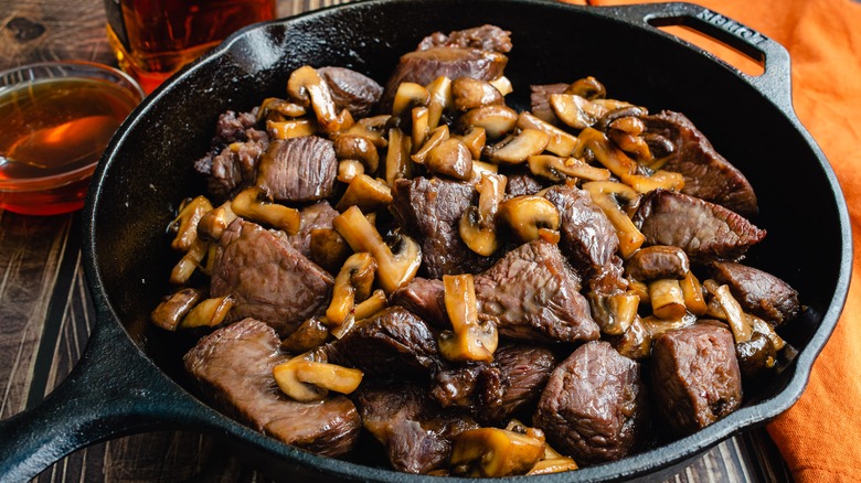 Steak tips in pan