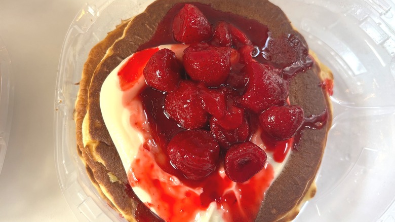 IHOP New York Cheesecake Pancakes stack on white table