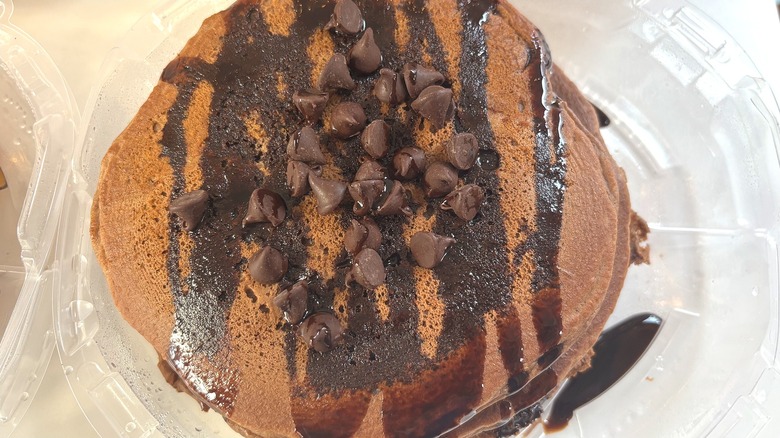 IHOP Chocolate Chocolate Chip Pancakes stack on white table