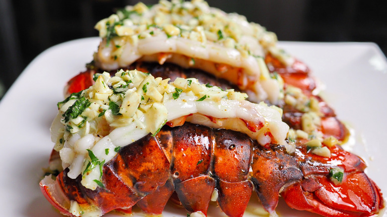 Lobster tails with garlic topping