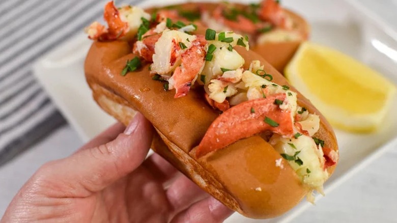 Hand holding a Connecticut lobster roll