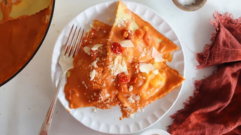 Top-down view of plated lobster ravioli