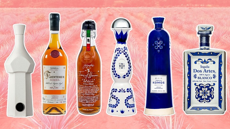 six tequila bottles with a pink background