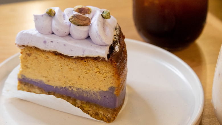 Taro pistachio cheesecake slice