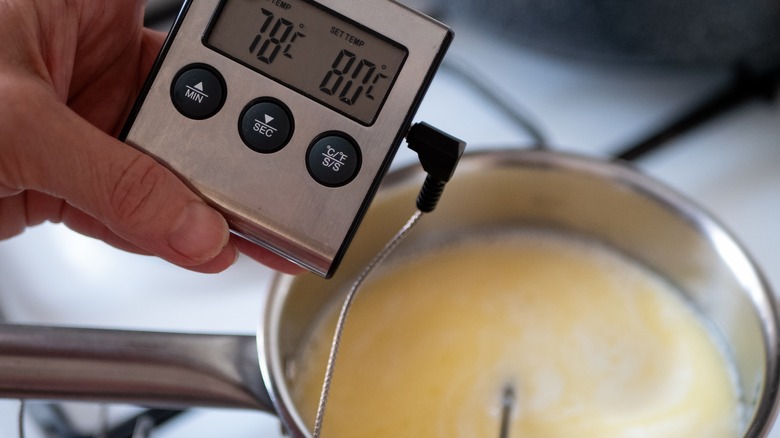 thermometer testing food temperature in pot