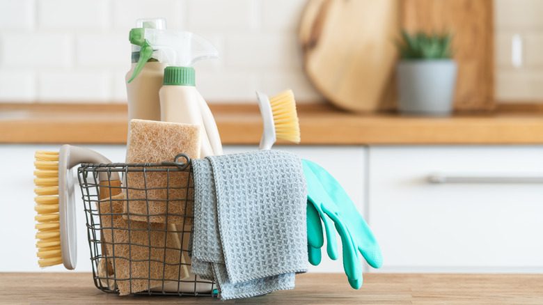 bucket of cleaning supplies