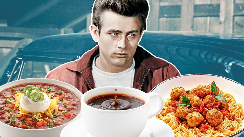 James Dean featured with three of his favorite foods: chili, coffee, and spaghetti and meatballs