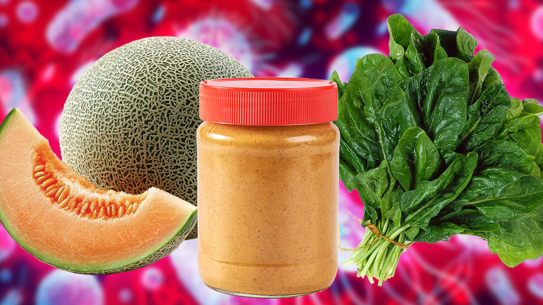 sliced cantaloupe, whole cantaloupe, jar of peanut butter, bulk spinach