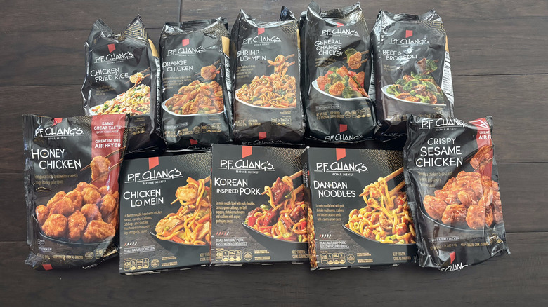 Frozen P.F. Chang's meals on a brown table