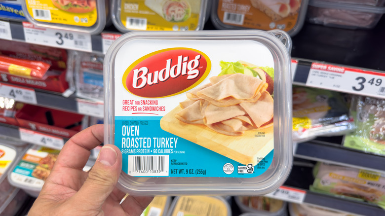 Hand holding Buddig deli meat turkey in front of grocery store case with more meats