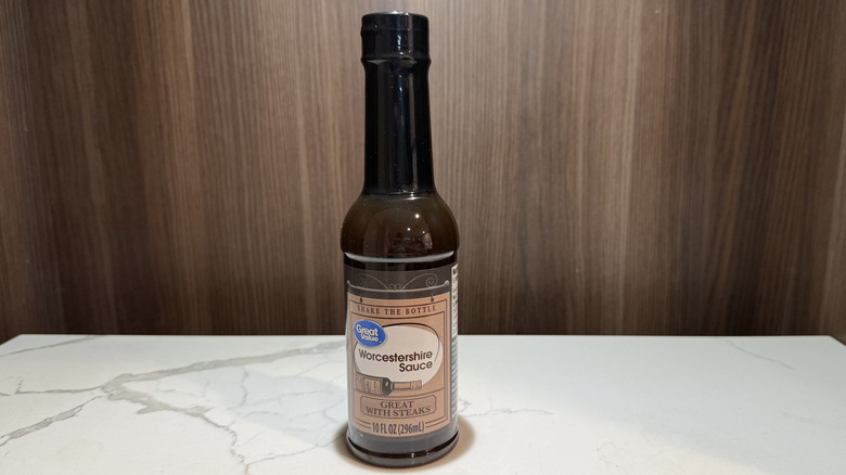 a bottle of Great Value Worcestershire sauce on marble surface