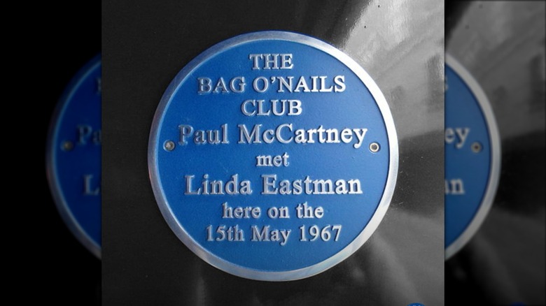 Plaque at former Bag O' Nails marking where Paul and Linda first met