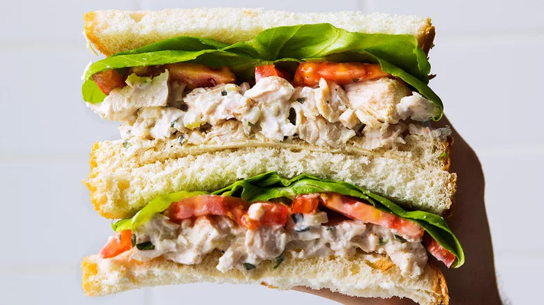 hand holding chicken salad sandwich