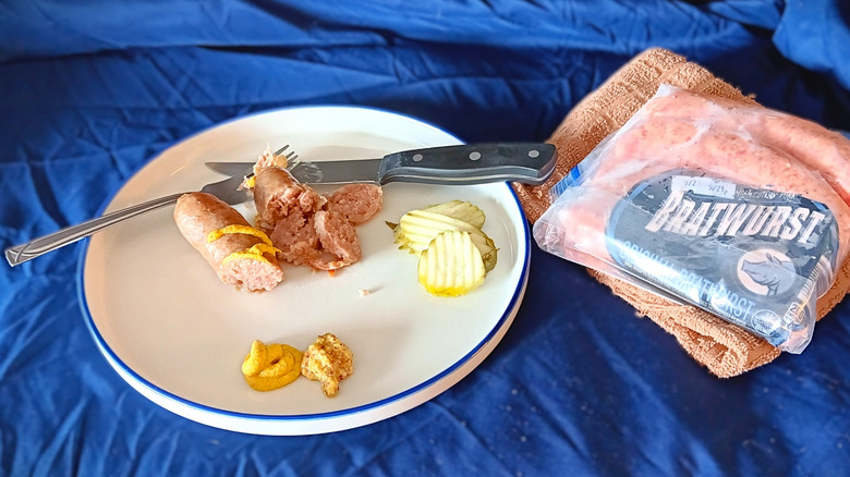 Aldi bratwurst cut on plate