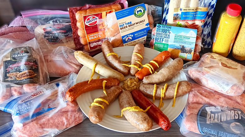 Variety of bratwurst on plate