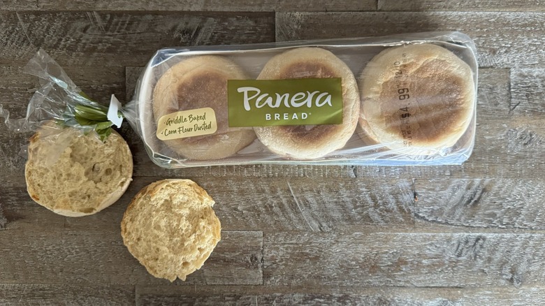 Panera Bread English muffins in and out of the package on a wooden table