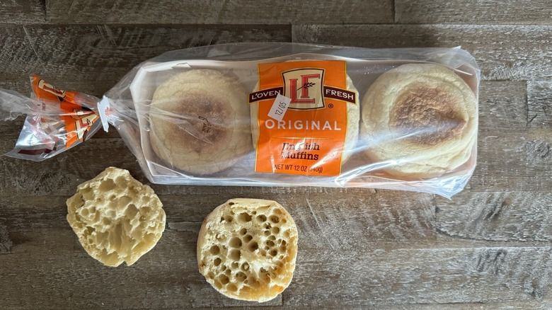 L'Oven Fresh English muffins in and out of the package on a wooden table