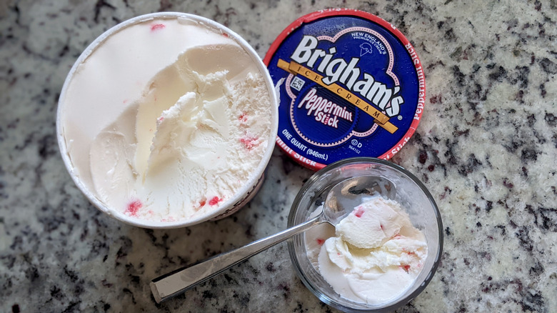 Brigham's Peppermint Stick ice cream carton and bowl