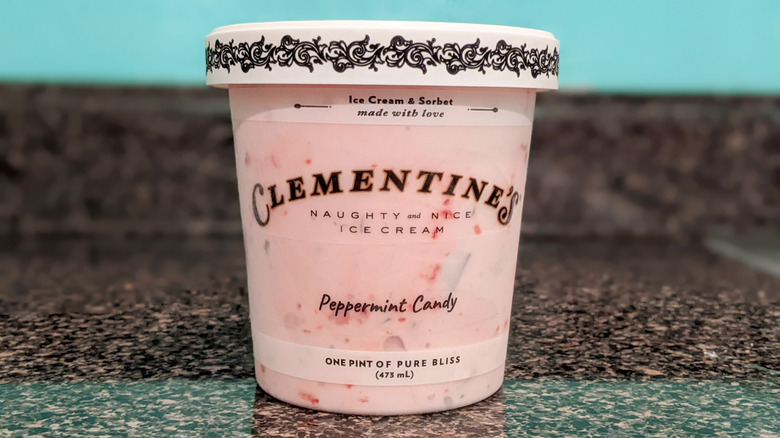 Clementine's Peppermint Candy ice cream carton on a countertop