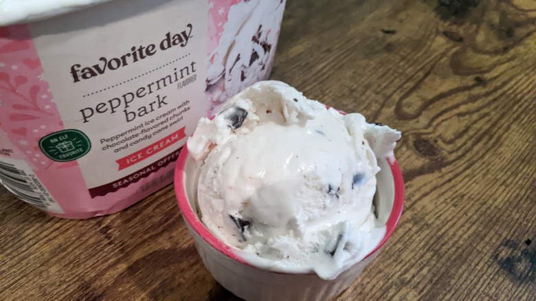 Favorite Day Peppermint Bark ice cream carton and bowl