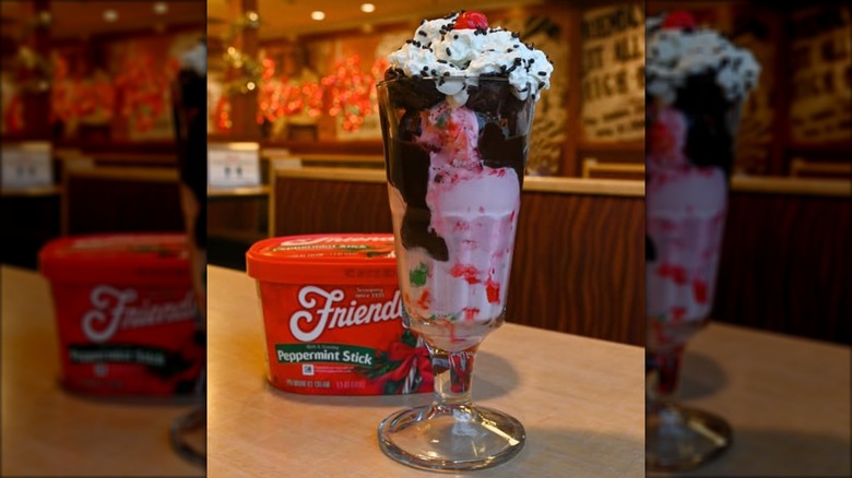 Friendly's Peppermint Stick carton and brownie sundae