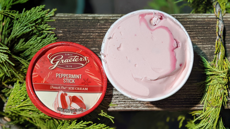 Graeter's Peppermint Stick ice cream on a rustic evergreen arrangement