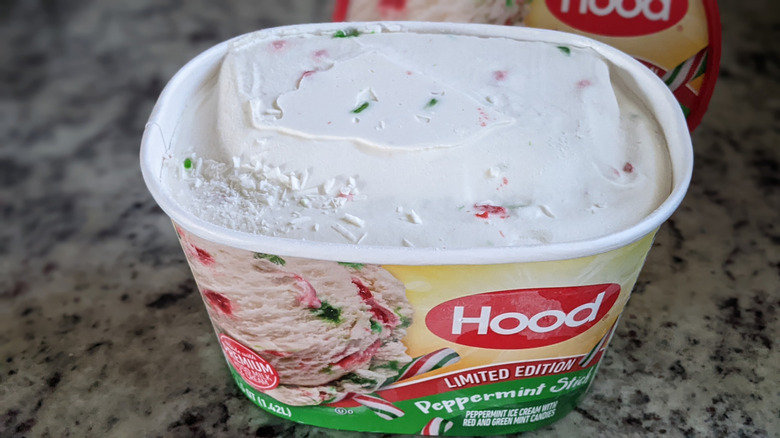 Hood Peppermint Stick ice cream carton on a countertop