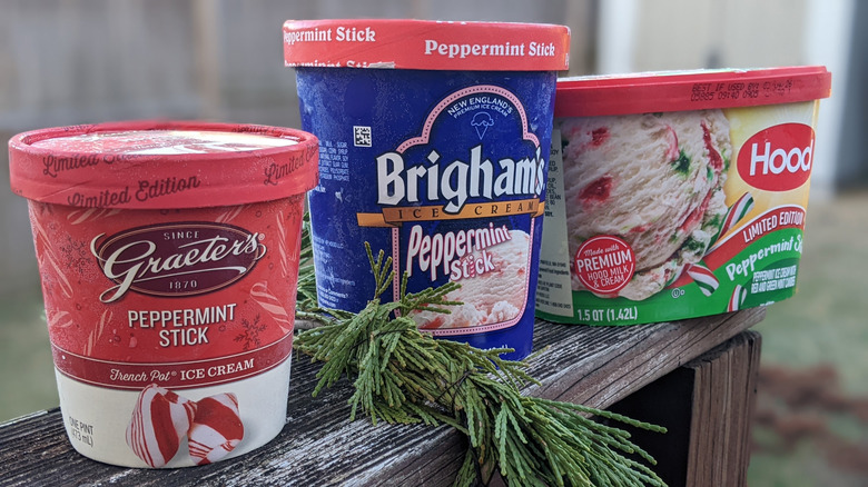 Peppermint ice creams on a rustic evergreen arrangement