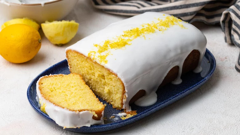 Sliced lemon pound cake on dish 