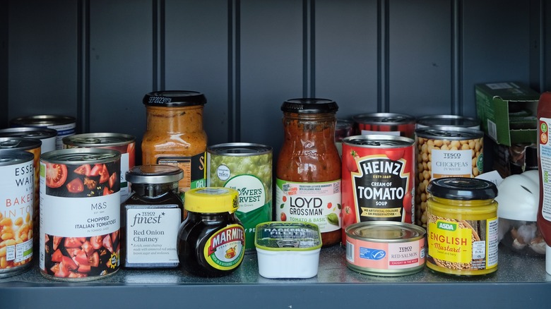 Canned foods on pantry shelf