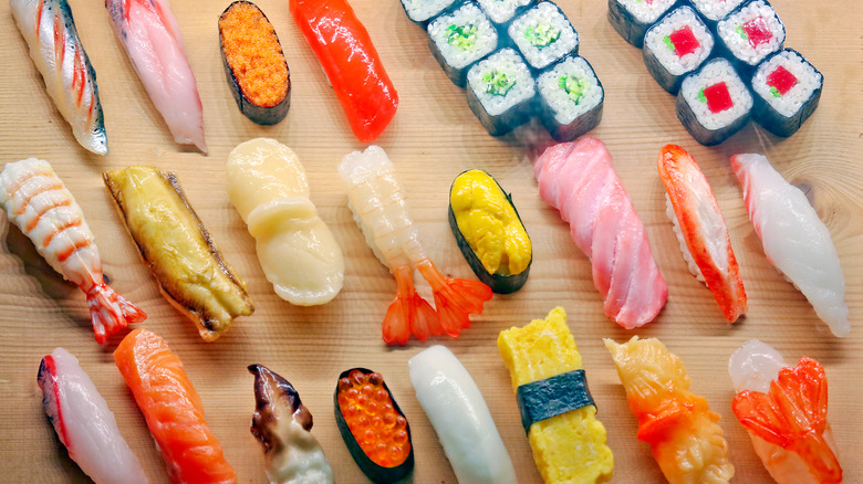 An assortment of plastic sushi