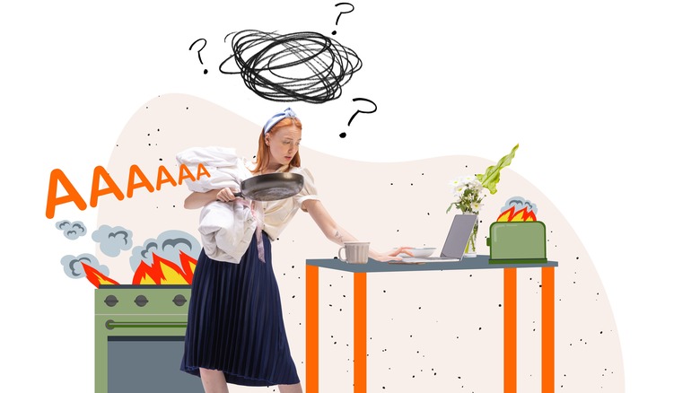 Graphic of woman multitasking in kitchen with laptop