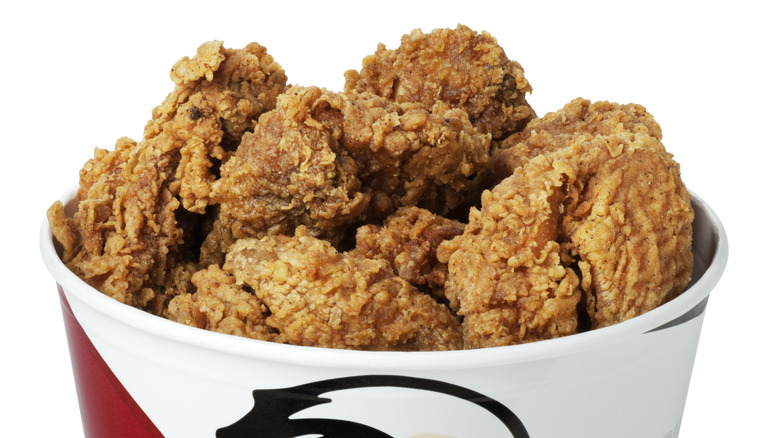 Closeup of crispy Kentucky Fried Chicken in a bucket