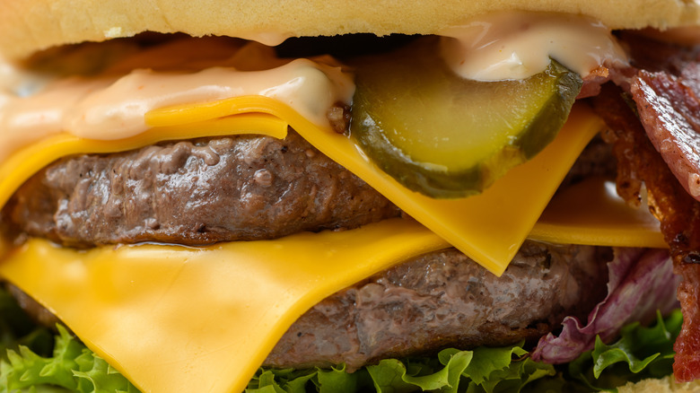 Closeup of a burger styled for a photoshoot