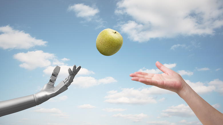 Apple passing from human hand to robot hand, representing the rise of AI in food styling