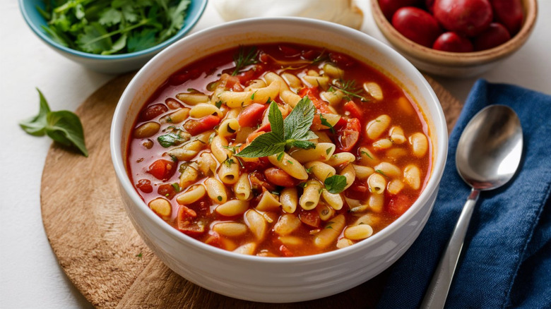 bowl of pasta e fagioli on wooden surface with herbs