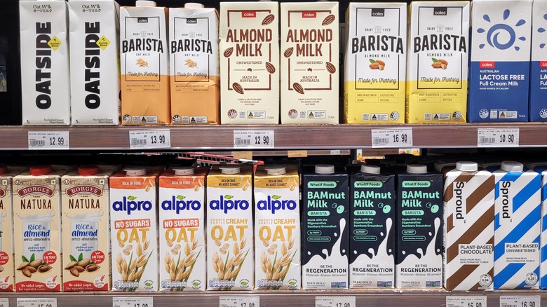 Various plant milks in supermarket