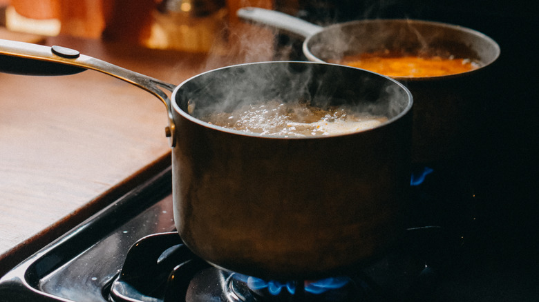 Two sauces simmering in pans