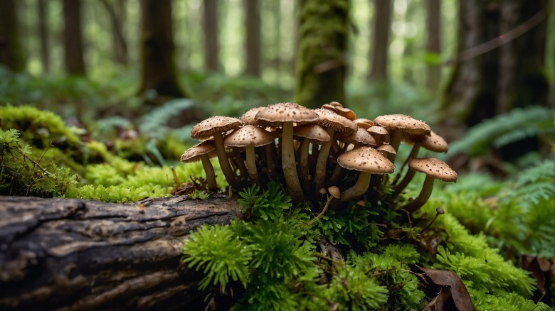 Mushroom cluster on a tree trunk