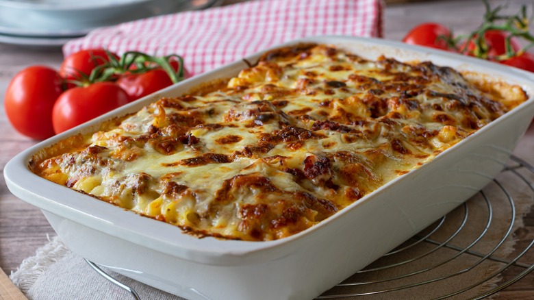 Baked casserole on table