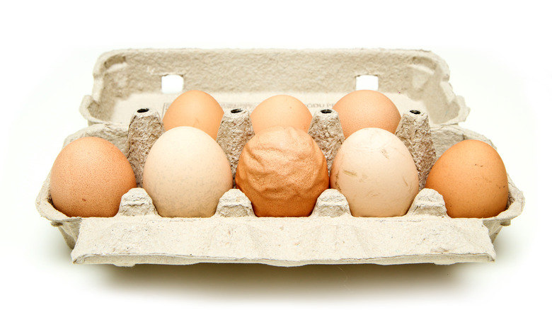 Blemished wrinkled eggs in a carton